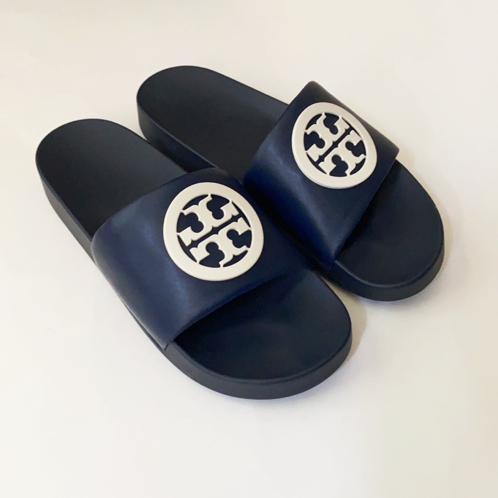 NIB Tory Burch LOGO Lina Leather Slide Royal Navy - Picture 2 of 11